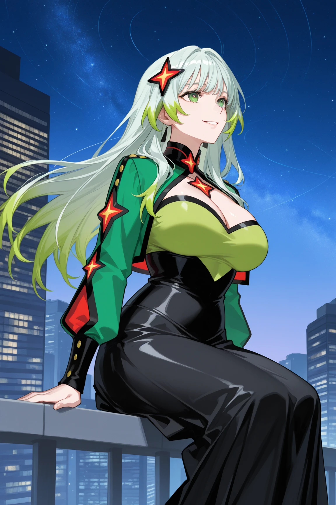 1girl in, Girl in uniform with emerald green hair and detailed detail dress, rainbow colored cosmic nebula background, Meteor swarm, intergalactic, Intricate details, Perfect face, Dark green hair, Long hair, Green eyes, Anime beautiful girl wearing a red uniform, a miniskirt, Absolute area, A slight smil, Perfect Anatomy, Perfect face:1.1), (thin frame red glasses),((Huge breasts!!!!!!)),(huge-breasted!!!!) (Full body shot), Looking at Viewer, Ultra-high definition, (1girl in:1.4), Extremely detailed illustration, Smooth, Very perfect pixel, Seductive,venusbody, cleavage cutout