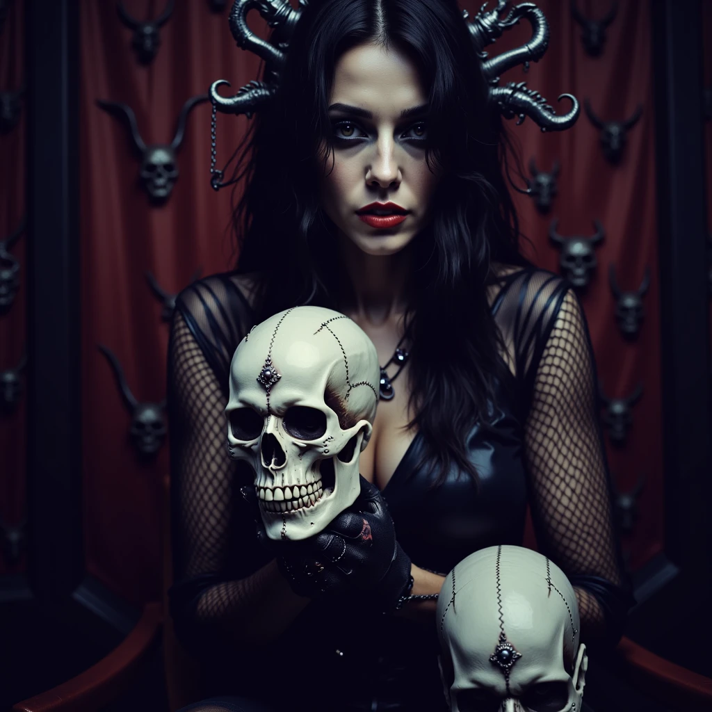 Transvestite man witchcraft ritual, candles, skulls, voodoo, blood ultra realistic image