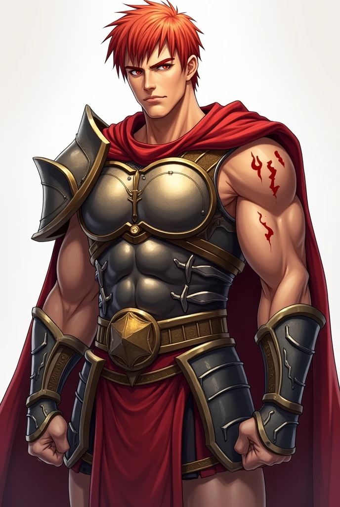 Anime drawing of muscular male character with black hair and blue eyes in gladiator outfit, white background, half body front view