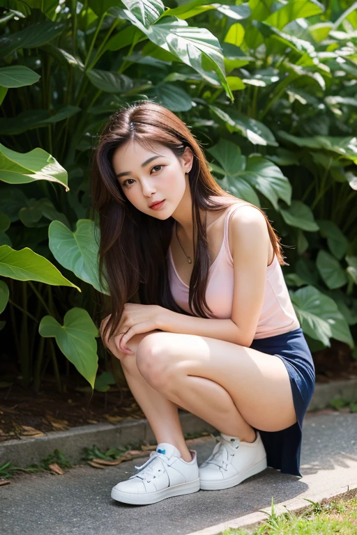 1girl, egirl, korean, wavy hair, white top, pink sarong skirt, up to knees, outdoor, cute pose, glossy lips, full body, realistic, wonyounglorashy