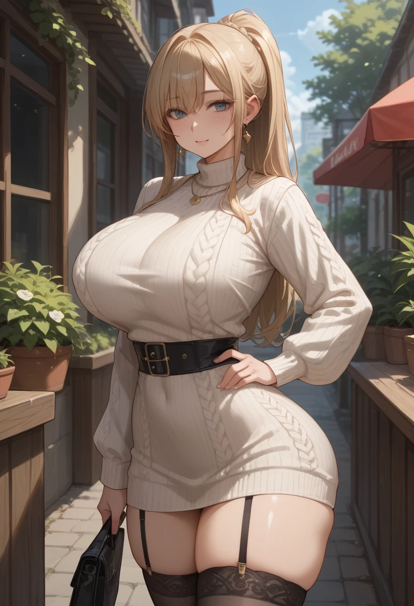 ((Best Quality, 8K, Masterpiece: 1.3)), Girl, Beautiful Woman (Long Hair, Large: 1.3),highest quality, 1 girl, solo, looking at the viewer, head tilt, blonde, blue eyes, Female body thick thighs, Oversized knitwear、leggings style（Knitted fabric）
