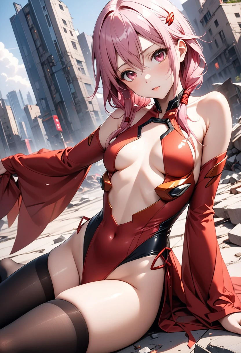 masterpiece, best quality, very aesthetic, absurdres,1girl, ,yuzuriha_inori(guilty_crown), guilty_crown, 1girl, floating_hair, low_twintails, hair_ornament, linea_alba, long_hair, medium_breasts, pink_hair, red_eyes, bare_shoulders, narrow_waist, navel, black_pantyhose, red_thong, red_and_orange_clothes, floating_clothes, open_clothes, Splited skirt hem, very_long_skirt_hem, detached_sleeves, very_long_sleeves, fingerless_gloves,shushing, silence gesture,finger_to_mouth,blush,tears in eyes,embarrassed,,by the railway,blur background,background defocus