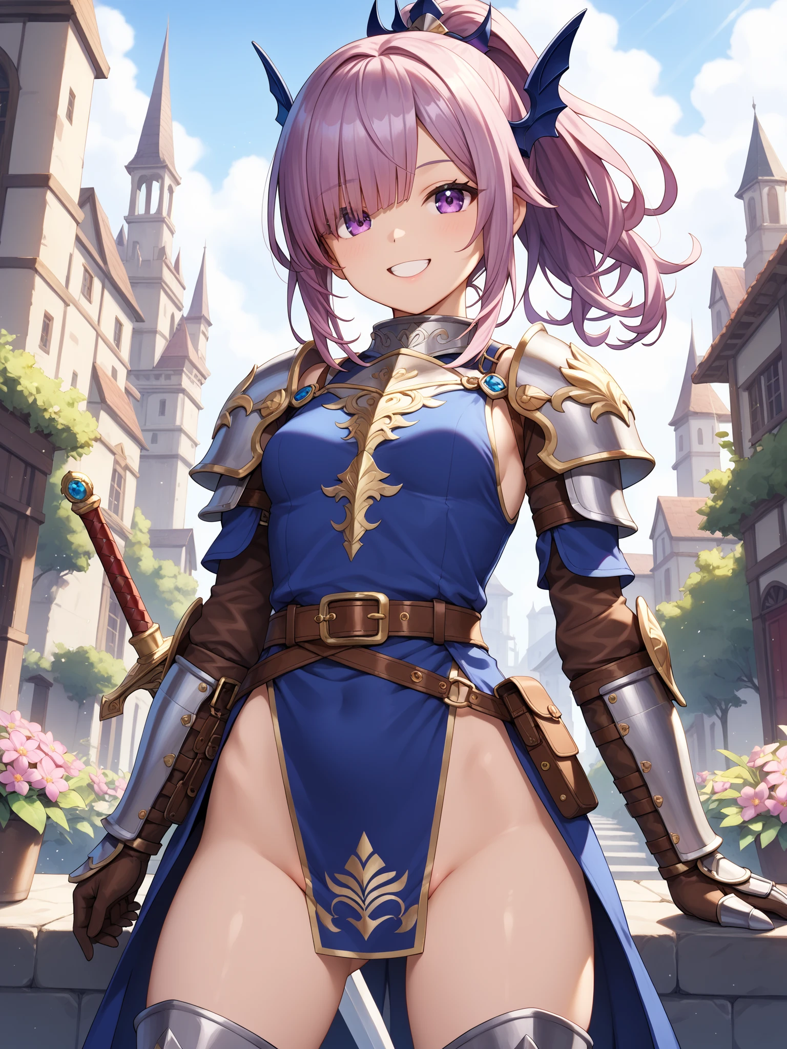 masterpiece,Highest quality,High resolution,Super detailed,courage \(star\),Pointed Ears,lupong hair,Ahoge,Red Hairband,leotard,breastplate,armor,Purple sleeves,Removable sleeves,紫色のhand袋,指なしhand袋,belt,lupong skirt,(Purple Skirt:1.2),boots,Outdoor,Are standing,smile,Cowboy Shot,hand_upon_Hip,