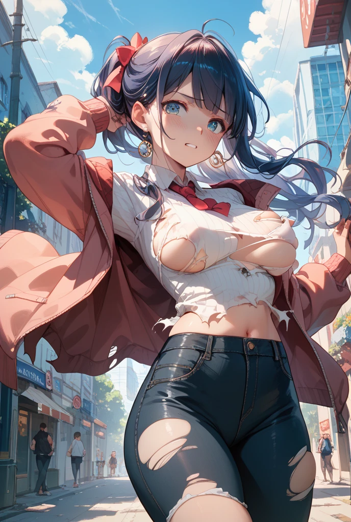 ((masterpiece)), ((best quality)), ((anime profile style)), ((HD 4k)), ((anime character)), ((sweating body)), girl, female face , happy, ((flushed)), ((dragon horns on head)), smiling, mouth, lips, ((teeth showing)), light skin, ((dragon eyes)), eyelid, pupil, sclera, iris , eyebrow, eyelashes, ear, nose, ((hair in white red colors)), neck, shoulders, ((white shirt)), (thin waist), ((torn pants)), ((perfect belly)), arms , ((thick legs)), ((big thigh)), background scenery, ((in the park)), beautiful day, sun, clouds, beautiful view, ((people out of focus in the background)), viewer view