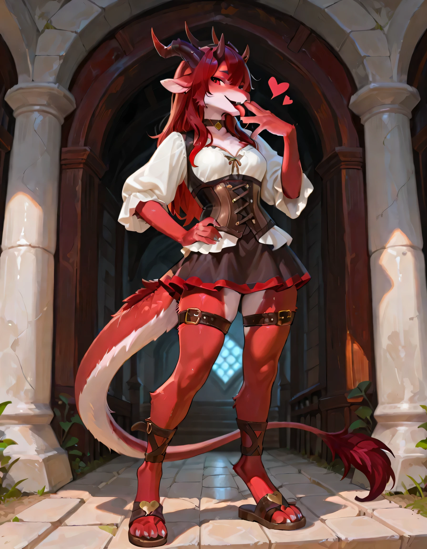 One male femboy with dragon horns and tail red hair and elf ears with thick thighs wearing red overals that turn into shorts