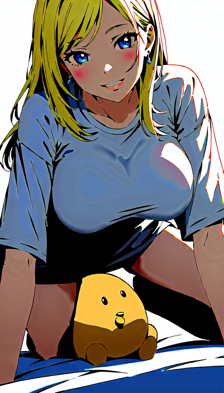 childish, sassy, ​​skinny, freckled, blonde girl, green eyes, flat chest, erect nipples, pert butt, red cap, thick necklace, wristband, blue tank top, micro denim shorts, red sneakers, naughty smile, sexy pose, gesturing a blowjob, in a rustic motel room, ecchi anime, Takei Hiroyuki style, cinematic, dramatic, POV, dynamic view, full body,