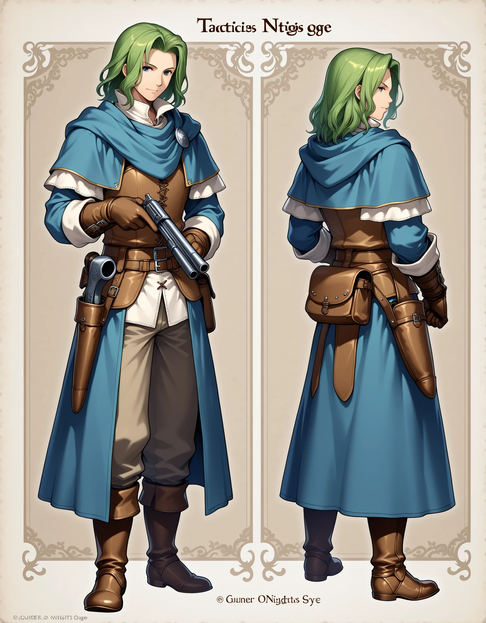 Tactics Ogre style,Medieval Fantasy Style、green hair,gunner ,gun,in a dynamic pose、nostalgia,『Sleepless nights』