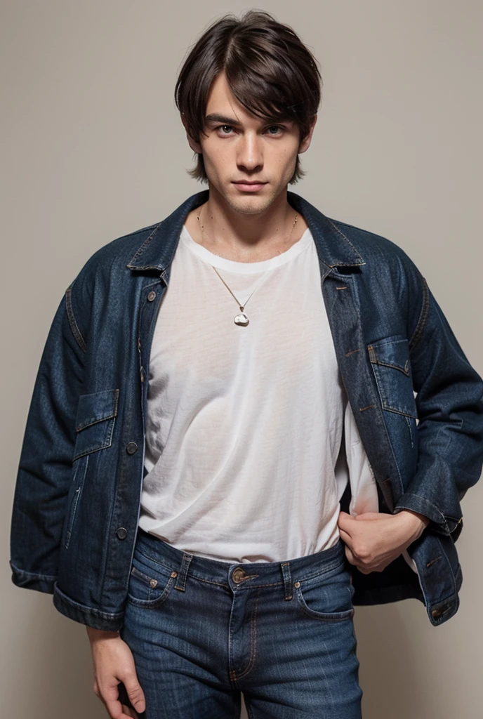 1boy, short black hair, blue eyes, wearing plain white shirt, black jeans, city, absurdres, high res, ultrasharp, 8K, masterpiece, looking at viewer