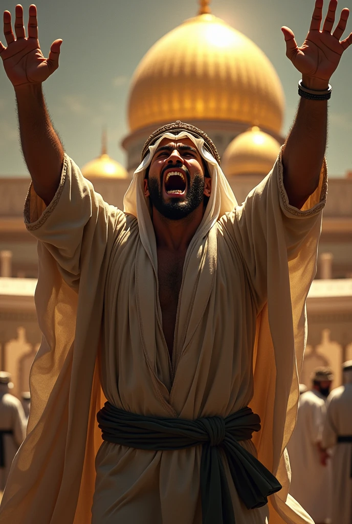 "A high-resolution, lifelike image of a young bald man with a masculine build, wearing a taqiyah, performing a prayer to Allah in the interior of a mosque in America with many people