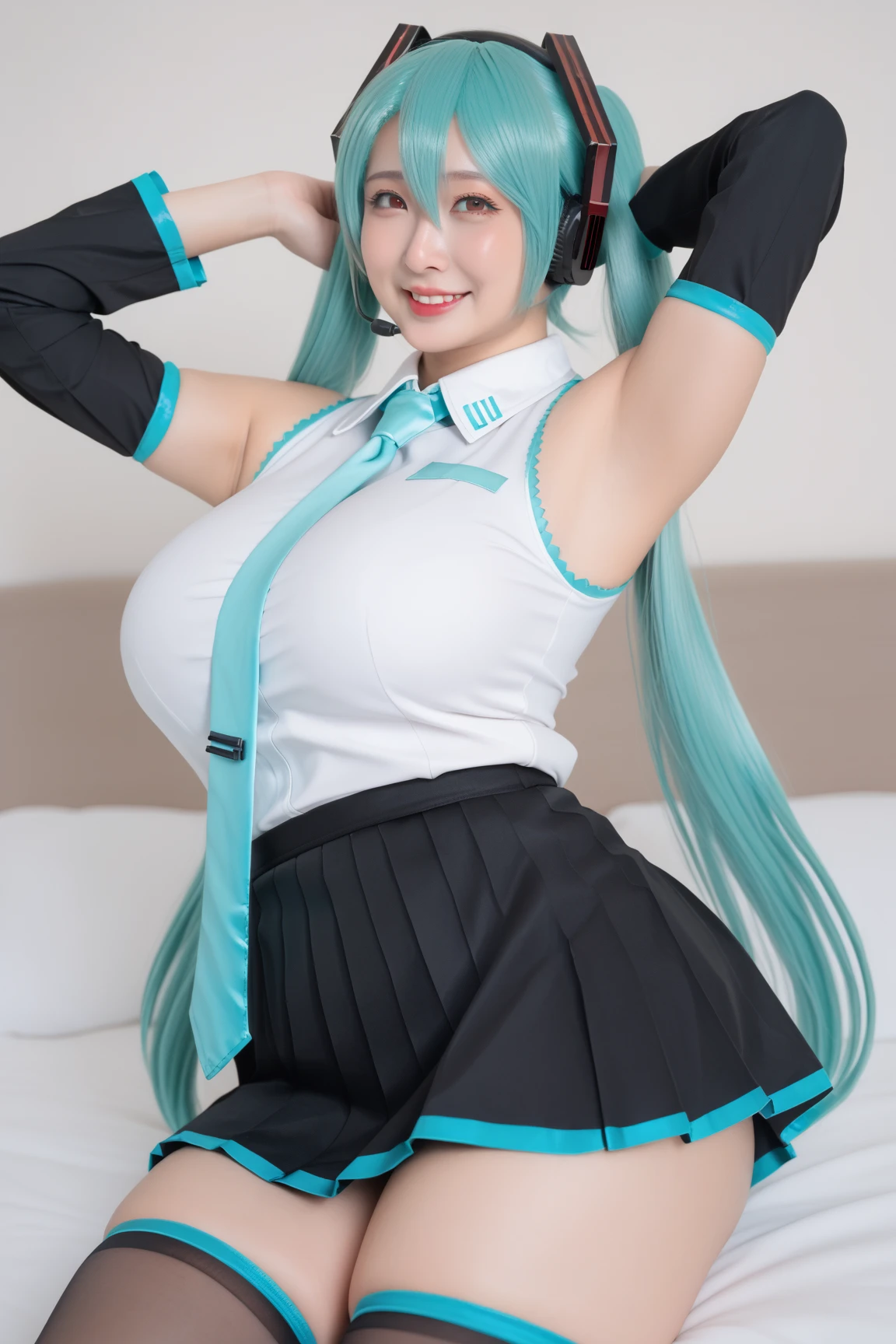 Hatsune Miku, Alone, Solo, Long Hair, Breasts, Looking at viewer, Blushing, Smiling, Bangs, Huge breasts, (Huge breasts: 1.8), Thick thighs, (Thighs: 1.8), Knee socks, Belly button, Bare shoulders, Twin tails, Medium breasts, Mouth closed, Standing, Swimsuit, Heart, Bikini, Cowboy shot, Sleeves off, One eye closed, Tie, Tongue, Striped, Shiny, Black knee socks, Tongue out, Armpits, Stomach, Arms up, Light blue eyes, Light blue hair, Tattoo, Skin indentations, Collar off, Underbust, High leg, Thigh gap, Between breasts, String bikini, Headset, Green background, Striped bikini, High leg bikini, Tie between breasts, Light blue nails, Green tie, Light blue tie,