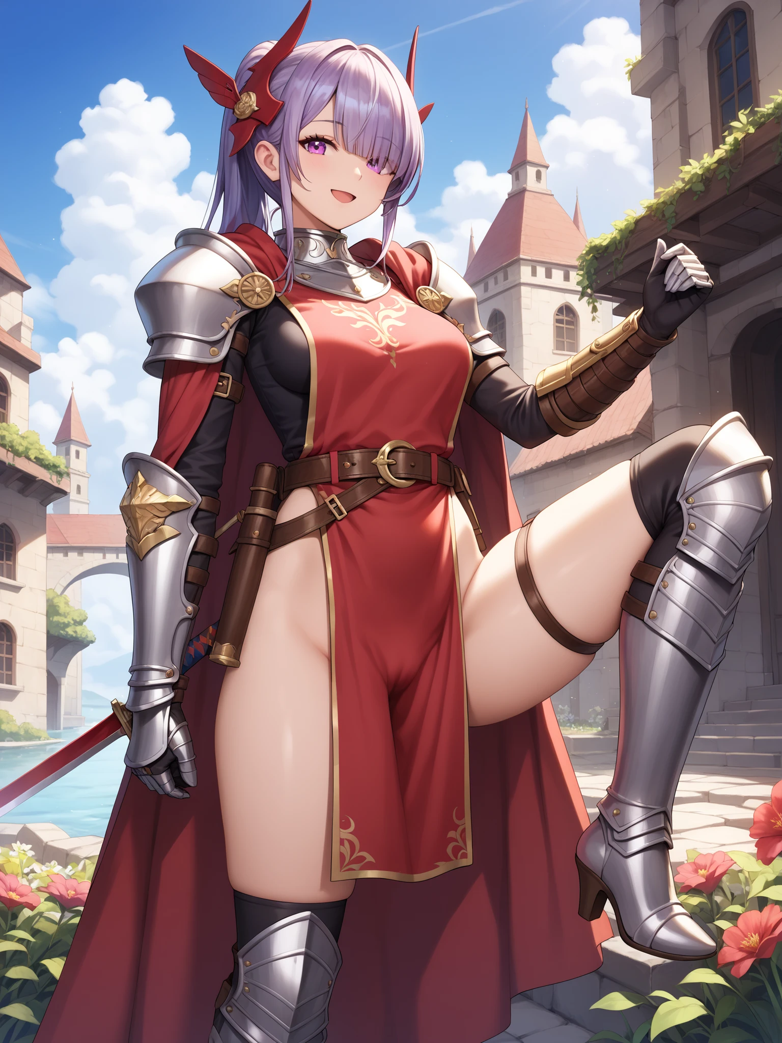 (One Woman),(Best image quality, 32K, masterpiece:1.3),((Purple Hair,Long Hair:1.1)),(Swept-apart bangs,Braiding), (Cute eyes, Dark Eyes), (Detailed eyes),(Mole under right eye), (Slim and muscular), (Glowing Skin:1.1),(Pale skin:1.2),(A fantastic atmosphere),(look up),Ultra-high resolution, Textured skin, Sparkle Effect,
Holding a sword,Hold a shield,grassland,Pink steel long boots,Black panties,Pink helmet with feathers,belly button,Red Armor,Black spats,Red Steel Loincloth,
Sweat,
Female Warrior, Dragon Quest 3, Pink Steel Bikini Armor, Pink wing helmet,