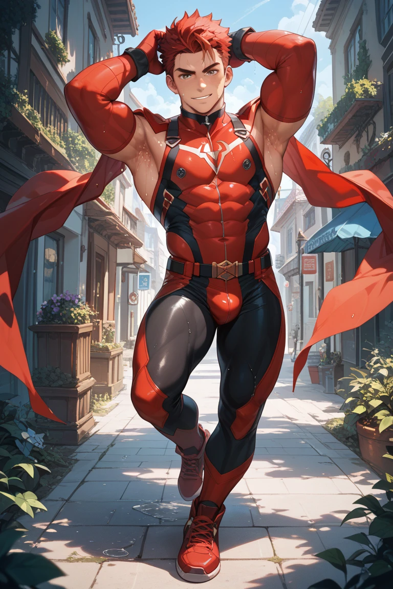 (muito detalhado:1.2), 1 boy, alone, male focus, link, blond hair, blue eyes, Cosplay costume, Yiga-Clan, red Body, alone, Body, belt, roof, detailled eyes, (Starry sky, Fantasies, natta), red gloves, red Body, belt, Brown belt, bandaged arm, bandages, elbow gloves, gloves, look back, muscular, tinted, meeting, smile, closed mouth,(extrem muscular)), (, musculare Beine , musculare Arme, muscularer Oberkörper, musculare Bauchmuskeln , musculare Schultern,)