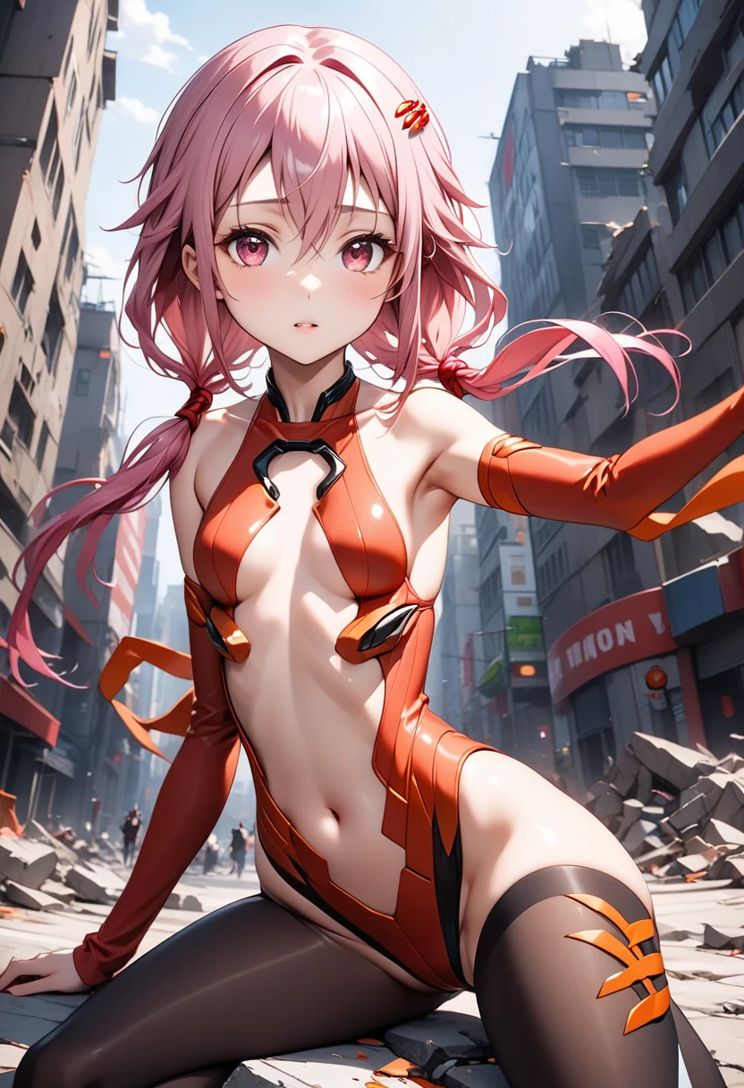 masterpiece, high quality, highres, solo, 1girl, human, inori hairstyle, long hair, twintails, pink hair, red eyes, medium breasts, hair ornament, outfit-inori, looking at viewer, <lora:[LoRa] Yuzuriha inori COS - Guilty Crown Clothing (With multires noise version):1>,
