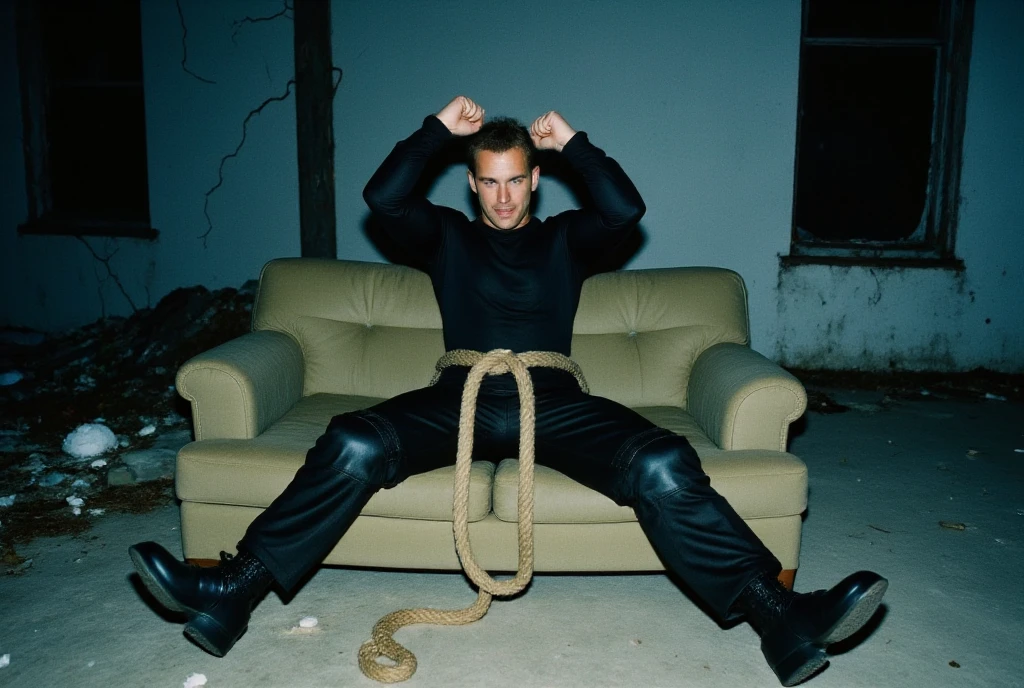 A bruised, sweaty, skinny age boy, with blond curly hair, in manacles, leg irons and boxing shorts, wrapped tightly in chains, screams in pain, on a wooden torture rack, in prison cell