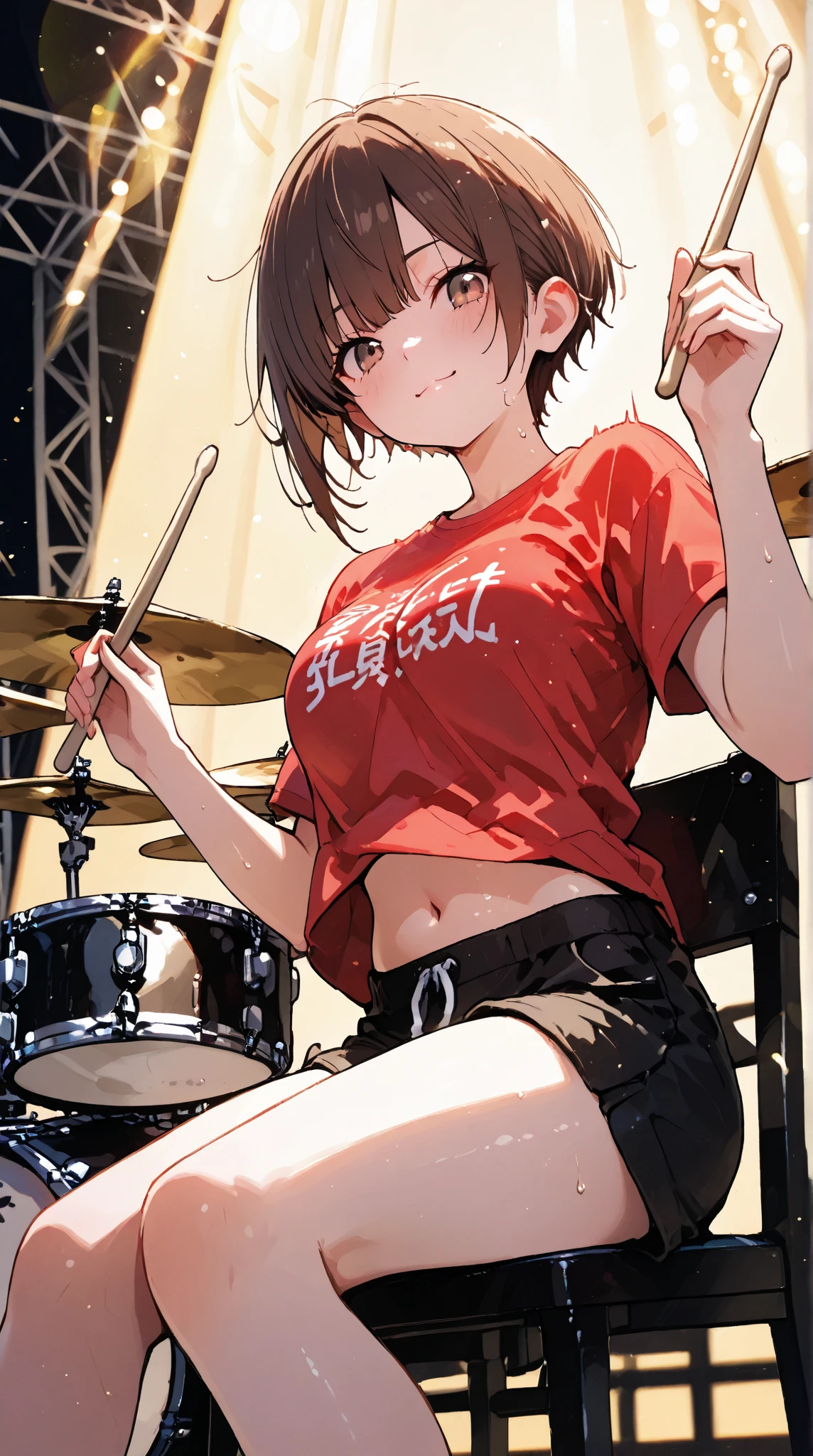Playing the drums、Sweating but smiling broadly, The left hand is holding a drumstick and raising it up、youth、Center Light、move