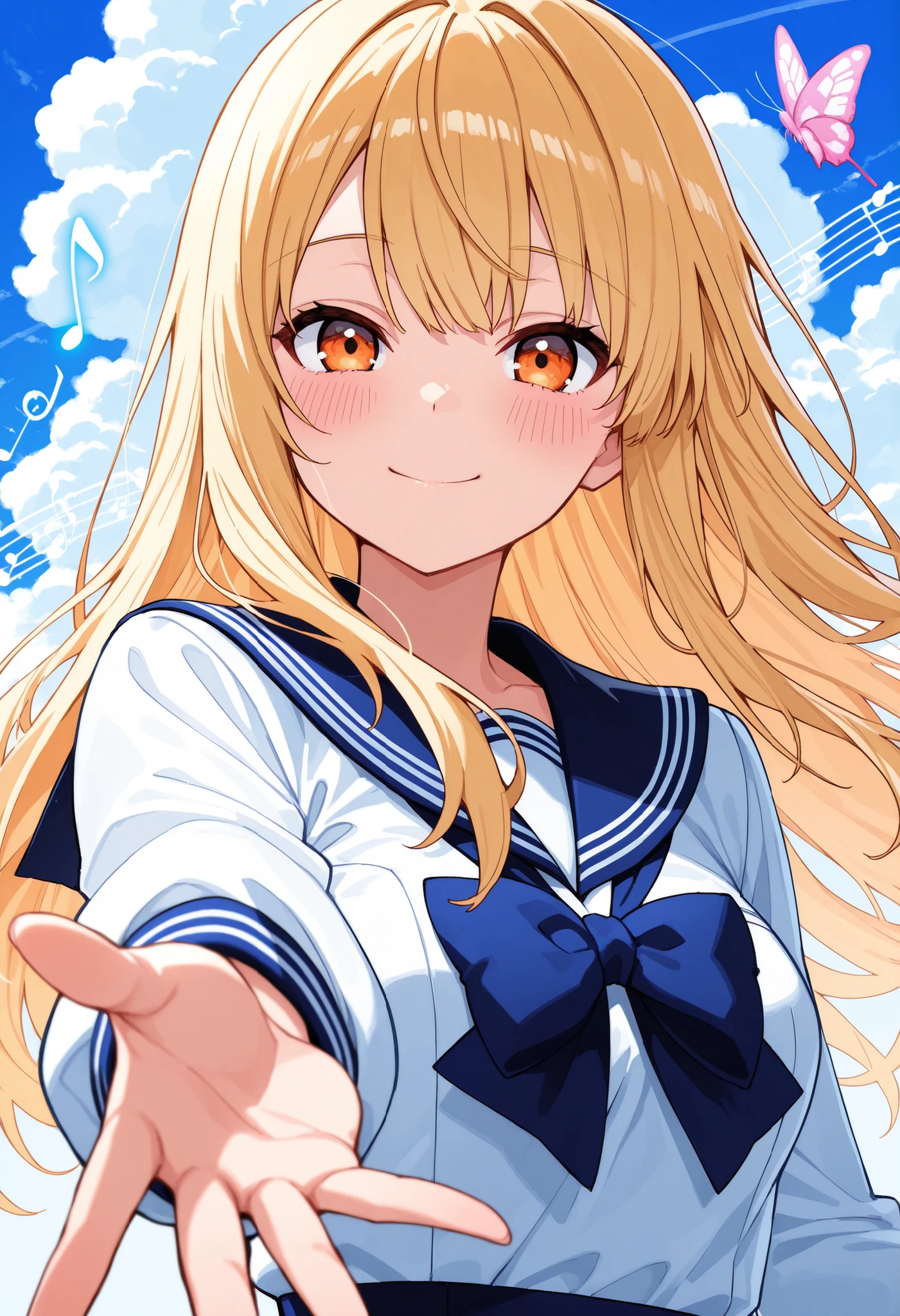 1girl, girl, blonde hair, solo, musical note, blush, looking at viewer, long hair, smile, reaching, reaching towards viewer, orange eyes, sky, hair 、 High school student、制服、セーラー服、sailor suit 、butterfly, bug, blue sky, breasts, long sleeves, upper body, medium breasts, cloud, eighth note,手を視聴者の方に差し伸べている