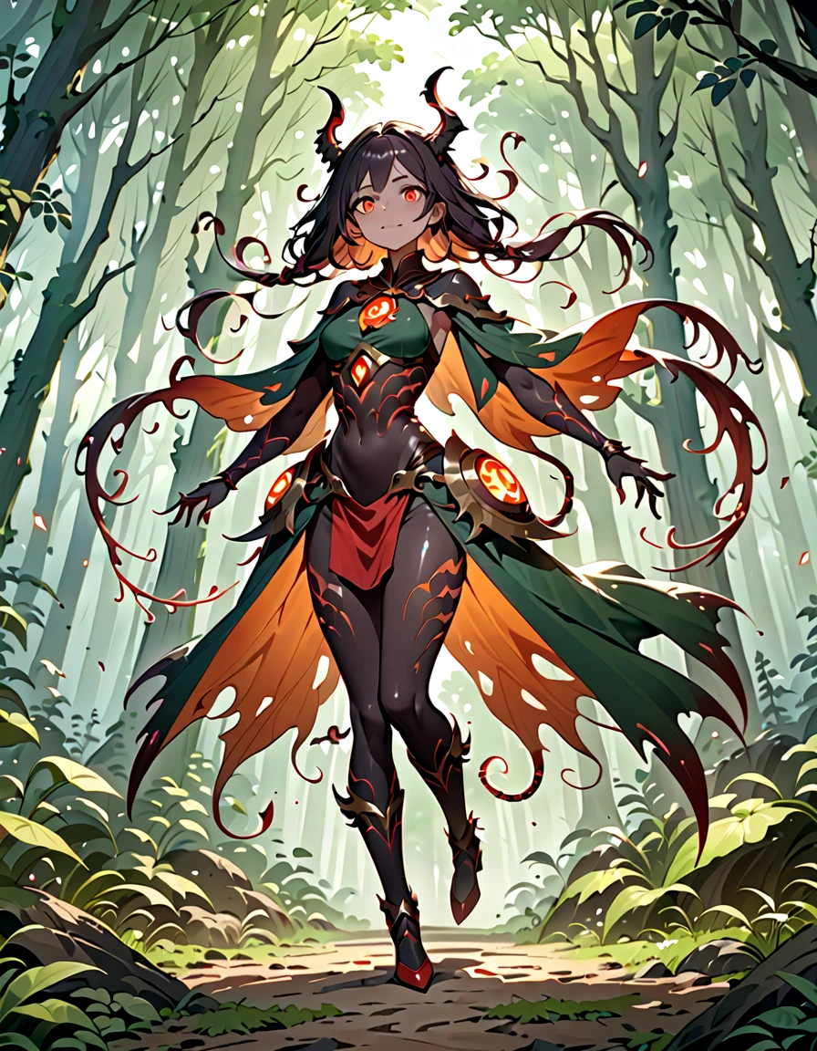 fantasy, 1forest_elemental_girl, (dark_skin:0.7), (using_leaves_clothes, green_leaves_covered_breasts, leaves_covered_pussy),large_breasts, walking, (smile, sleepy)+, medium_hair, navel, oil, (winding_vine_around_torso)++, forest_background, leaves_headgear, green_leaves_cape,armpits, spread_arms, large_staff, thighhighs, plump,