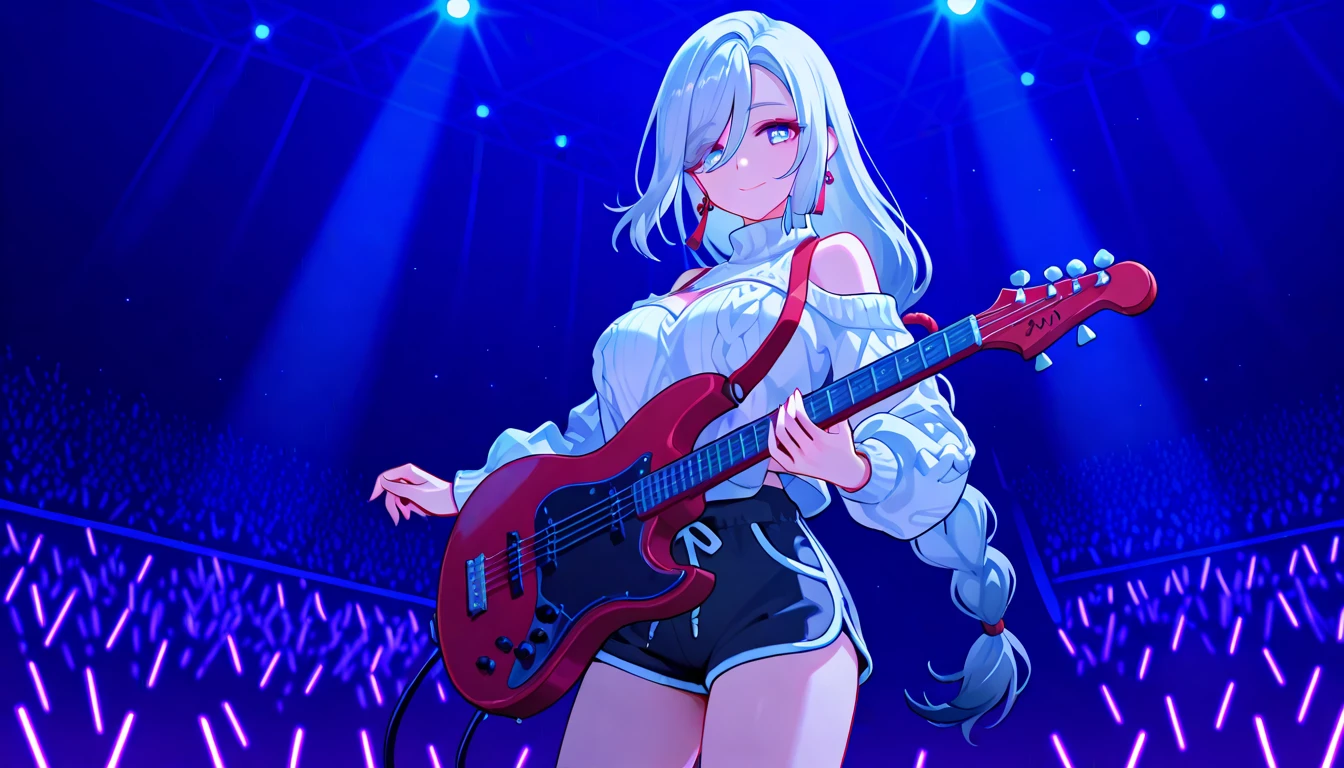 (highest quality:1.2, Very detailed, up to date, Vibrant, Ultra-high resolution, High Contrast, masterpiece:1.2, highest quality, Best aesthetics), Portraiture, girl, 独奏, singer、stage、performance、Rock Music、Bright colors、Beautiful fine details、Beautiful lip detail、midium wave hair、red and white ((streaked hair:1.6)), highlights hair: 1.5, red eyes, slim body, middium breast, (tan skin:1.1), Music band、Cheerful pose、Concert Light、Edgy Style、Skirt-style-bikini、loose fit, Dynamic Movement、hypnotic sounds、Stadium、amplifier、Loud music、shouting into the microphone, vocal, jumping:1, left hand up, (right hand holding mike stand:1.5), (Floral Fineline tattoo design on left arm:1), ((mike stand)), Powerful vocals、Passionate performance、Sparkling stage、Concert atmosphere、Music Festival、Full of emotion、Rock star attitude、Resolute expression、Avid Fan、The presence of an attractive stage、 knee up, Expressive gestures、Rock star aura、An exciting atmosphere、Sing with all your heart、An unforgettable show, side view