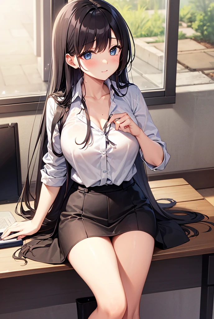 Rin Tohsaka, Rin Tohsaka, aqua eyes, Black hair, Hair Ribbon, Long hair, bow ribbon, (side locks:1.3), (black thighhighs:1.3), looking at the viewers, BREAK (masutepiece:1.2), Best Quality, High resolution, Unity 8k壁纸, (Illustration:0.8), (Beautiful detailed eyes:1.6), extra detailed face, Perfect Lighting, extremely details CG, (Perfect hands, Perfect Anatomy),,cowboy  shot、(white  shirt:1.5)、(Office Lady:1.3)、Miniskirts、((Black skirt:1.5))、s Office、Jacket, Formal, Suit, pencil skirts, Skirt suit、(cleavage of the breast),A smile、Sitting on a chair、(white  panties:1.3), office ID card holder, office lady ID card worker holder, office ID card holder, ID card, 16 years old, slender body, slim body, medium breasts,