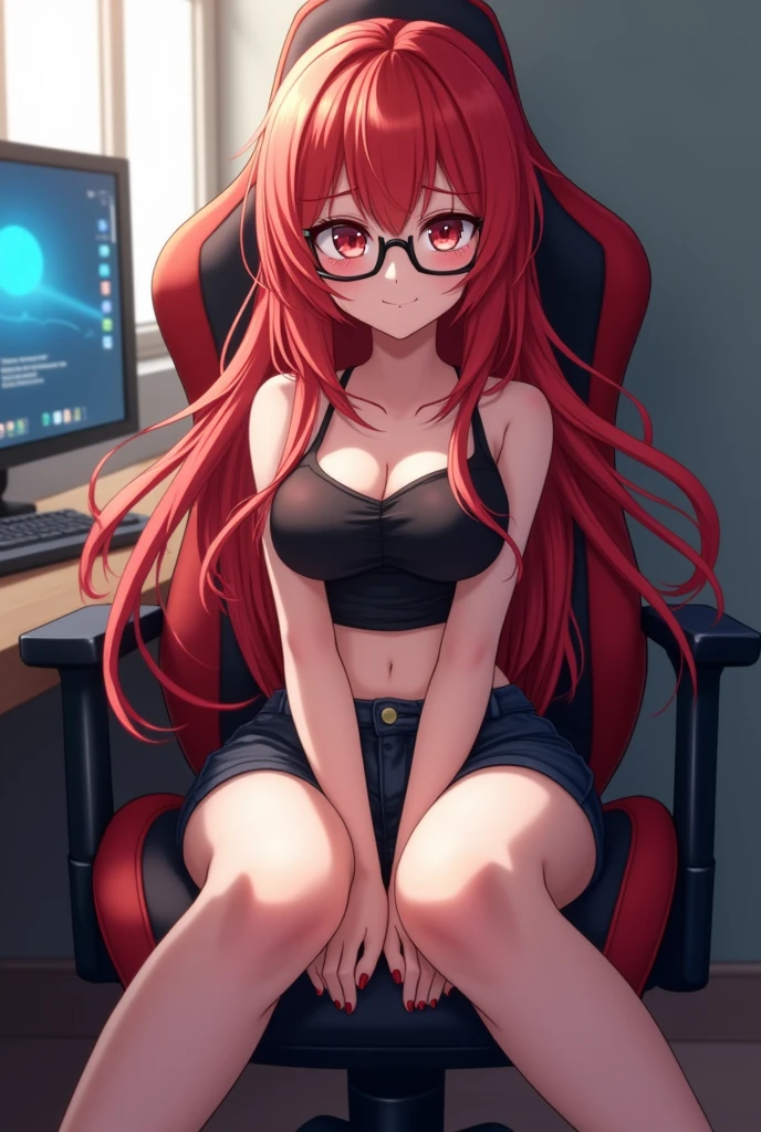 realistic image, coherent image, detailed image, 1 beautiful elf, She has long, straight and silky red hair, long eyelashes. Blue eyes. Her face is oval and delicate, smiling. She is wearing a long-sleeved t-shirt, showing her navel, ripped shorts, and sneakers. She has a curvy body, medium breasts, thick thighs, dark bottom, natural lighting,