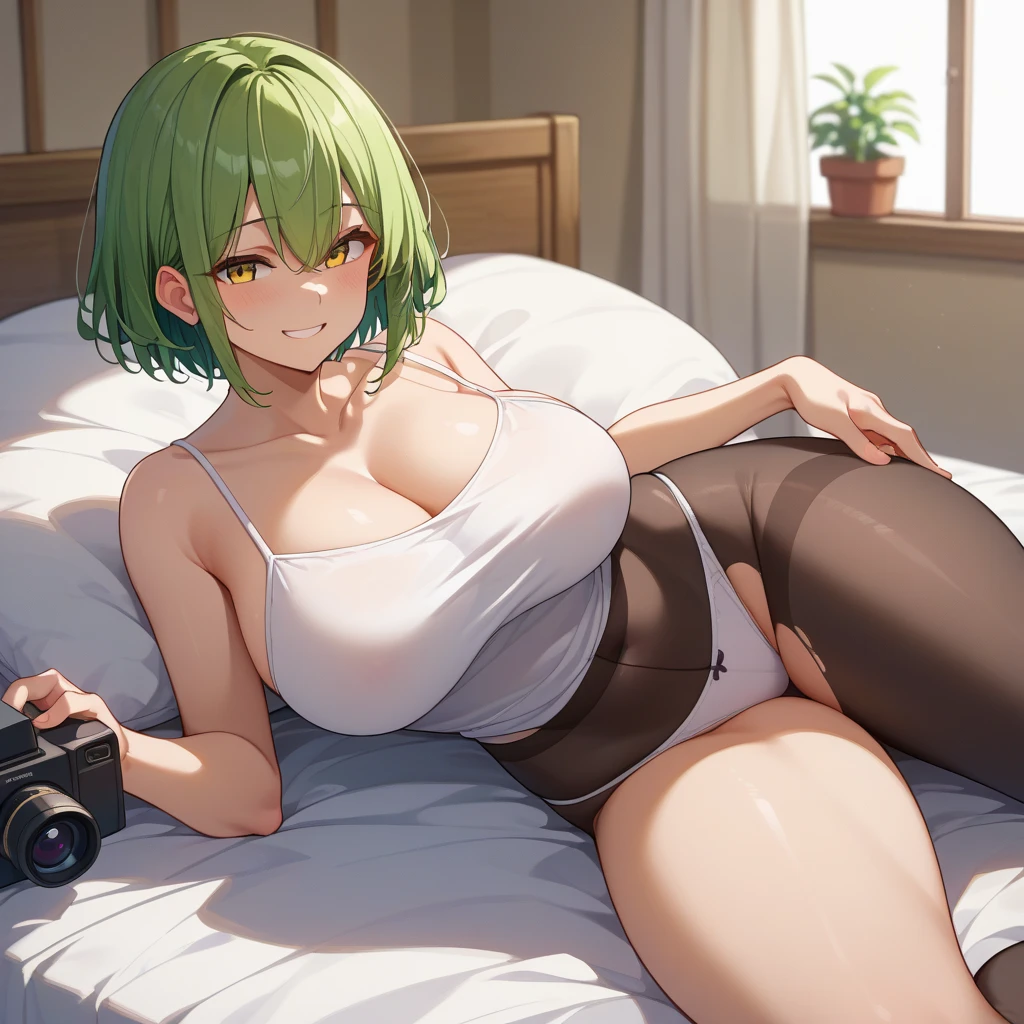 1 girl, white shirt, large cleavage, white pantys, white overknees, dark green short hair, green eyes, perfect hips and thighs, big breasts, hard nipples, blushing, in bed