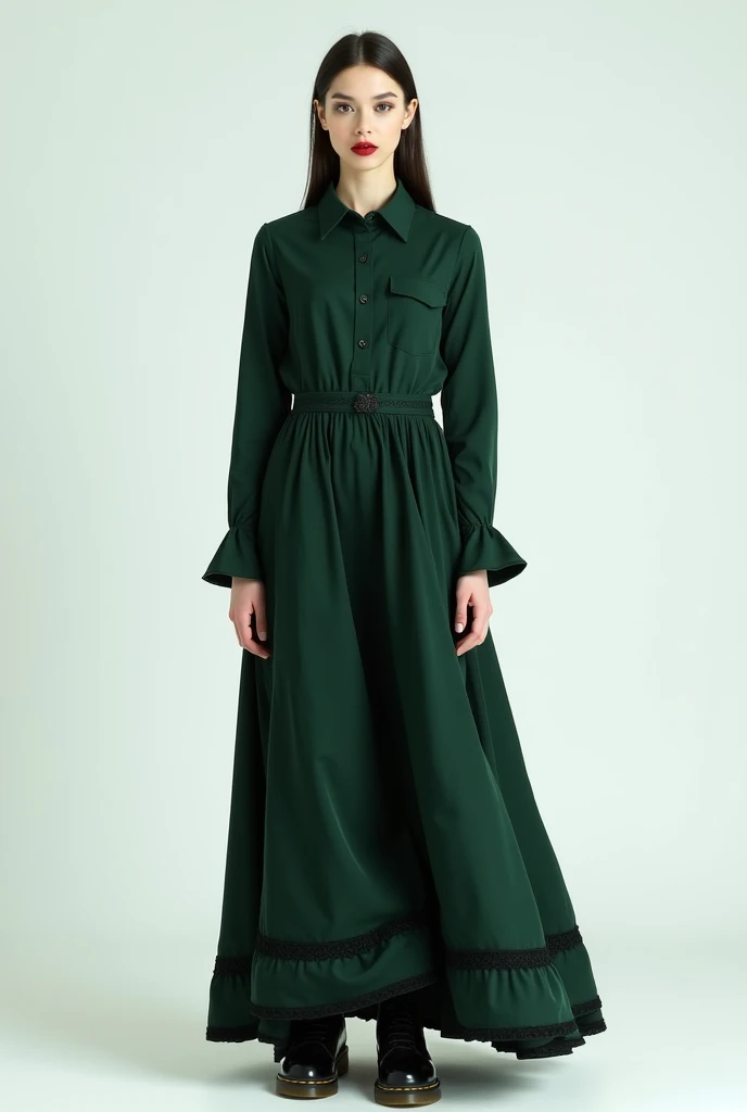 Panoramic photo of girl standing in front of a green background