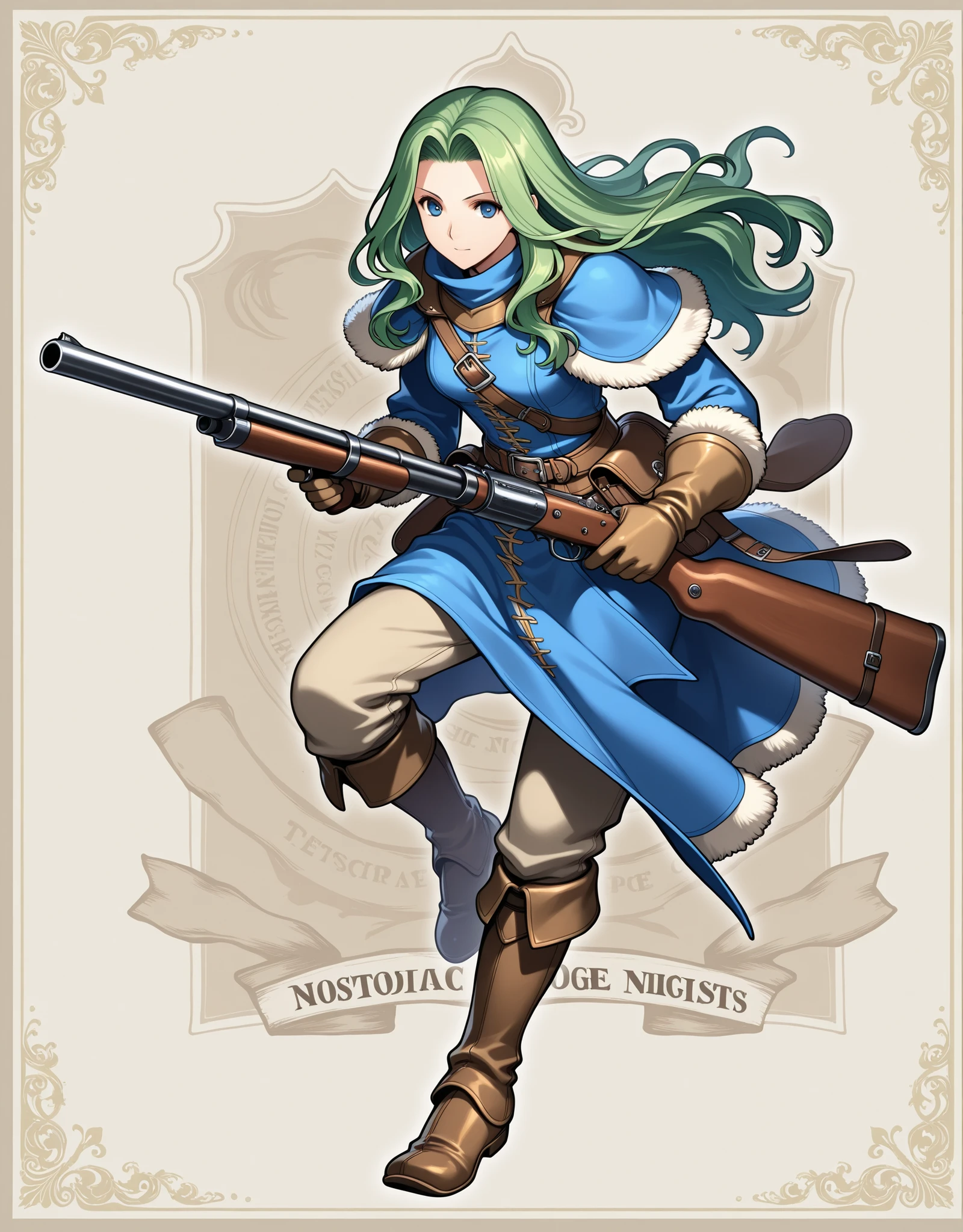 Tactics Ogre style,Medieval Fantasy Style、green hair,gunner ,gun,in a dynamic pose、nostalgia,『Sleepless nights』