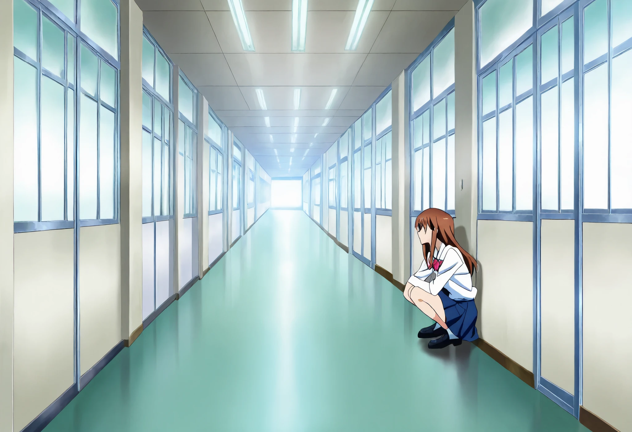 japanese_school_hallway, Source_anime, anime art, anime style, (((modern hallway))), white doors in the audiovisual room, (((Leaning against the wall))), a high school girl squatting in front of it, knees, physical sitting, KJOmarin, anime, school blouse, black shoes, long hair, brown hair, detailed face,