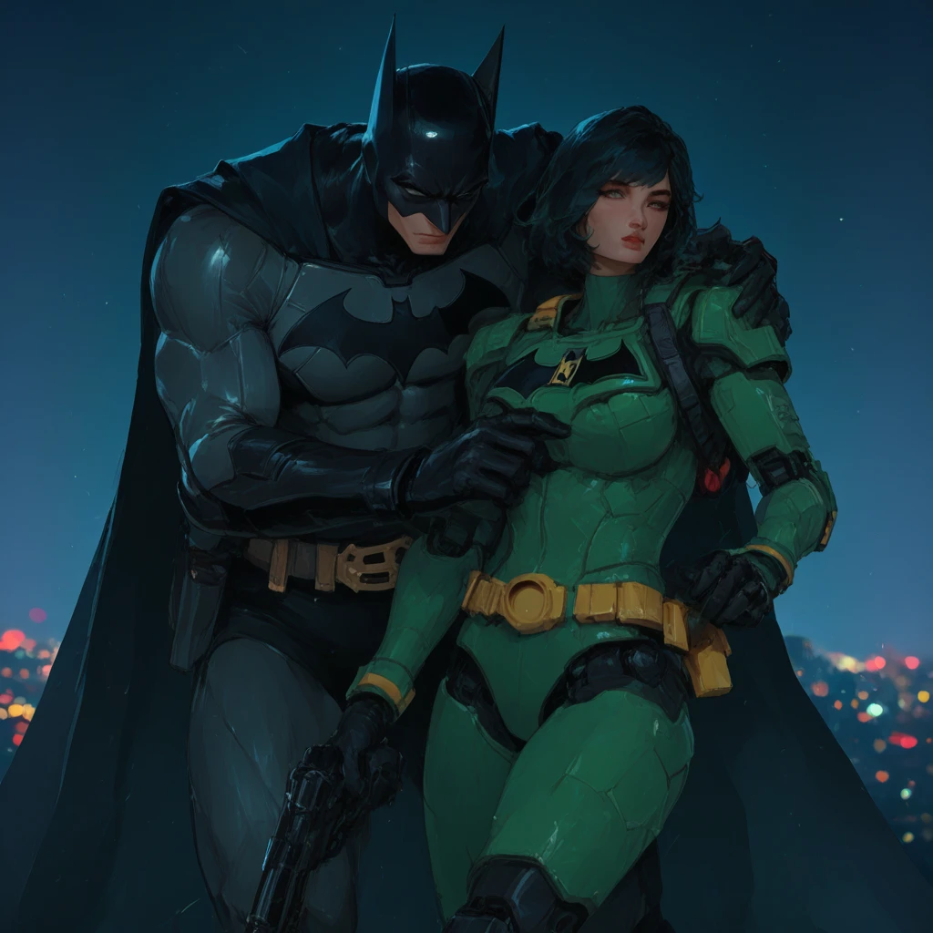 Image of a woman/Batman/Kamen Rider/Mega Man-x/Spider-Man, on a futuristic subway train, has blue mohawk hair, has a man behind him hugging her and holding her big tits1, she's looking at the viewer/smiling/holding futuristic weapons. Image with Max quality/resolution/sharpness/detail, Unreal Engine 5/Mortal Kombat, Cartoon/Anime style,