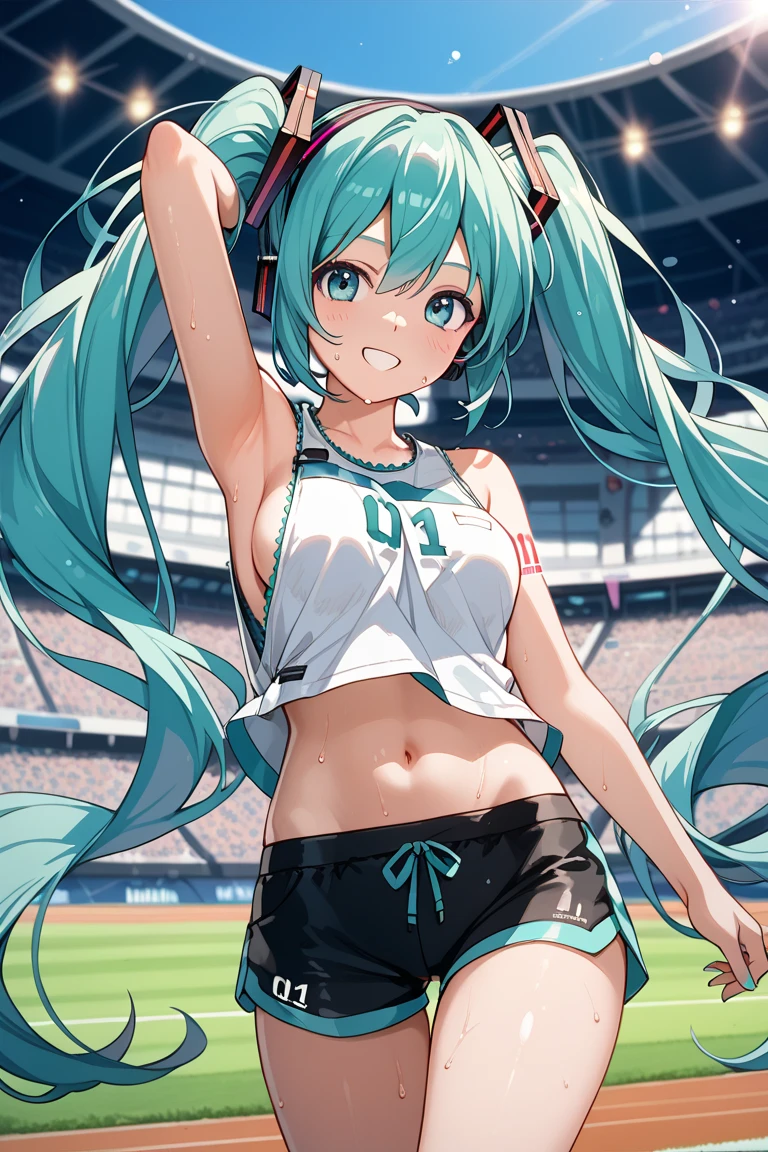 (highest quality:1.2, Very detailed, up to date, Vibrant, Ultra-high resolution, High Contrast, masterpiece:1.2, highest quality, Best aesthetics), Portraiture、girl、Bright colors、Beautiful fine details、Beautiful lip detail、long hair、ponytail, white and yellow green ((streaked hair:1.6)), highlights hair: 1.5, (small breast,:1) (tan skin:1.1), Running at the Olympic games, Olympic stadium, detailed background, , very sexy aesthetic, Track and field tank top and pants, crop top navel, cowboy shot