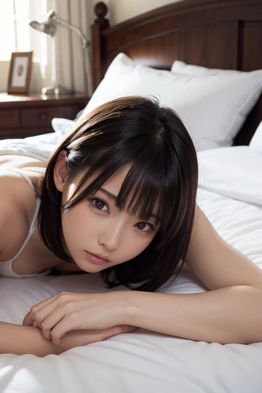 (Highest quality:1.5), (Realistic:1.5), (1 person:1.5), (crop top navel), (all fours), Seductively Posing, very detailed, okay, high resolution, 8k wallpaper, perfect dynamic composition, upper body, small breasts, natural colored lips, cute smile, Japanese woman, 20 year old girl, beautiful and classy face, perfect and beautiful face, beautiful and okay eyes, big eyes, brunette eyes, Beautiful and elegant face, perfect and beautiful double eyelids, natural bangs, beautiful thin nose, beautiful skin, chestnut brown hair, medium bob hair, short cut, natural bangs, perfect and beautiful face, slim face and style, (looking at camera), bright lighting, professional lighting, forward lighting , natural smile, on bed, lace camisole, micro shorts,