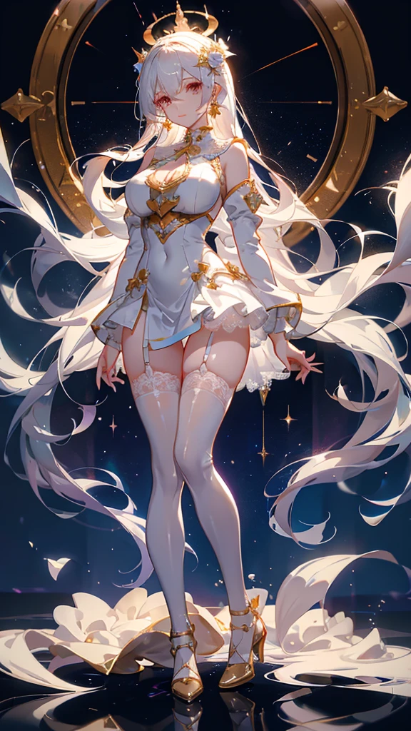 pointy ears，Long beige hair，one-girl，Bigboobs，fox ear，Two legs，Deep V one-piece swimsuit，White knee-length stockings，Star decoration，（middle parted hairstyle），The hair of the sideburns grows to the chest，hair straight，Lace，raincoat，see-through raincoat，No shoes on，Sporty wind