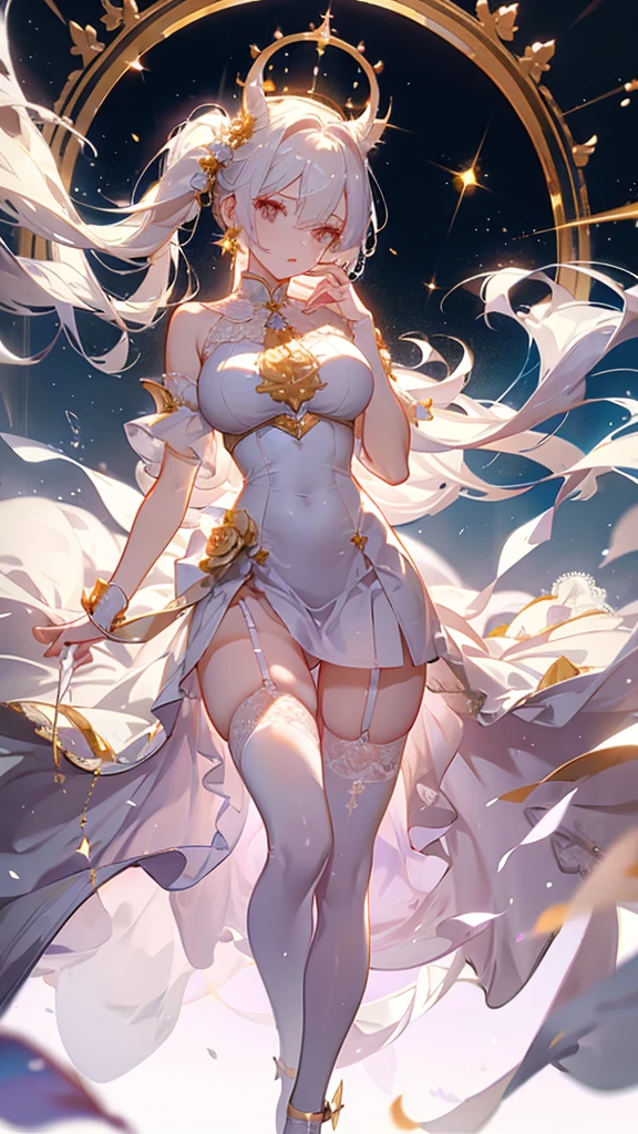 full-body close-up, create an elegant atmosphere), white short skirt, white hair shawl, graceful flowing, elegant movements, lustful smirking smile expression (red blush), floating in the air, (1girl), slim figure)
