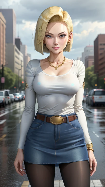 sciamano240, android 18, 1girl, black pantyhose, black shirt, blonde hair, blood, blood on face, blue eyes, breasts, clenched hands, closed mouth, cloud, cowboy shot, cuts, day, denim, earrings, injury, jewelry, long sleeves, medium breasts, nose, outdoors, pantyhose, realistic, shirt, short hair, skirt, sky, solo, torn clothes, torn pantyhose, torn shirt, (masterpiece), (best quality), (ultra-detailed), (best illustration), (best shadow), (an extremely delicate and beautiful) (nsfw), RAW photo,(high detailed skin:1.2), 8k uhd, dslr, soft lighting, high quality, film grain, Fujifilm XT3