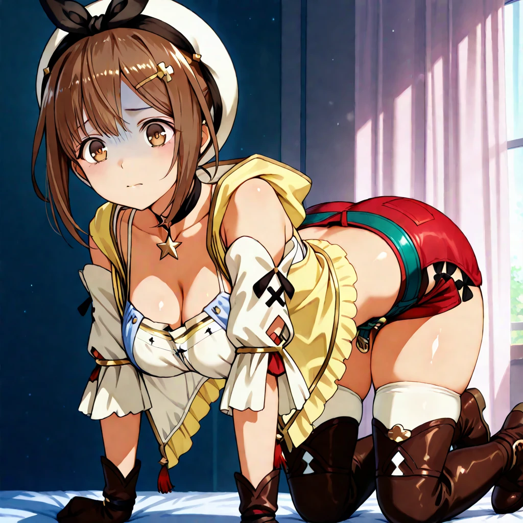 masterpiece,hentai アニメ キャラ, I'm straddling a man's crotch, Ryza having intense cowgirl sex, (((Ryza has intense vaginal sex with a man: 1.2))), favorite,Bounce and shake wildly,, 32K,Super detailed,Ultra-detailed,Big Breasts, Vibrant breasts, Short brown hair, shirt, Shorts, 赤い短パン, 白いベレー帽, Black knee socks, Ryza outfit, loungewear, {{A biological weapon that preyed on the sleeping Ryza and transformed into her appearance, Big bouncing}}, 大きく揺れる, Overall view, Town, NSFW