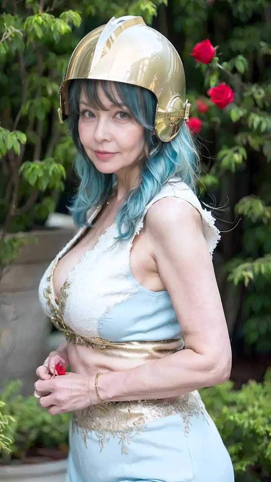 (masterpiece:1.1, Best Quality:1.1), 32K HDR, High resolution, Solo, 1girl in, (Ultra-realistic portrait of Nuwa, Warriors OROCHI), ((Nuwa’s realistic costume:1.1, halo, green head dress:1.1, hair ornament:1.1, earrings, white hair)), (huge breasts:1.1, Perfect slim body:1.2, evil smile:1.1), (((show me her shaved armpits:1.15, up hands:1.15, abandoned building, underground, dark atmosphere))), Detailed face, Detailed eyes, Detailed skin texture,