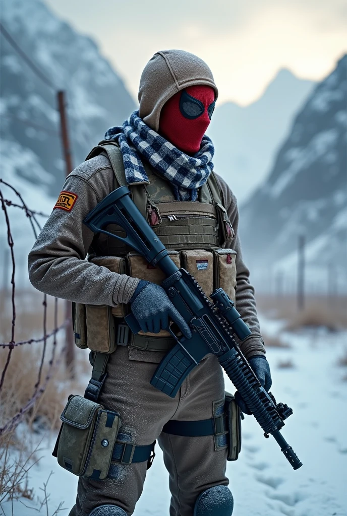 military balaclava, military, print, photo, blood, snow, winter, forest, fashion, boots, military gloves, lowfi, <lora:lowfi:1>