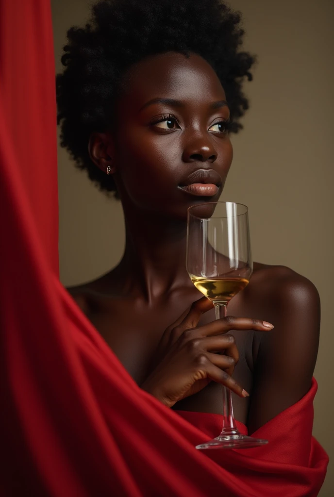 A portrait of naked beautiful ebony skinned woman, professional photography studio, elegant perfume bottle, concentrated passionate expression, holding camera firmly, carefully focusing on perfume bottle, soft diffused lighting, minimalist background, sophisticated crystal perfume bottle design, balanced reflections and shadows, high quality, 8k, photorealistic, professional photographer, studio lighting, physically-based rendering, vivid colors, jewelry, portrait, product photography