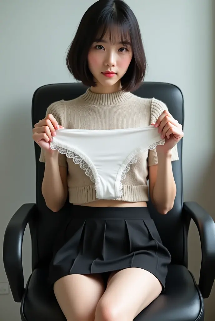 Wearing a white knitted sweater and skirt:1.5，The best smile:1.5，Slim figure:1.5，A glimpse of white panties:1.2，Holding a book in both hands:1.5