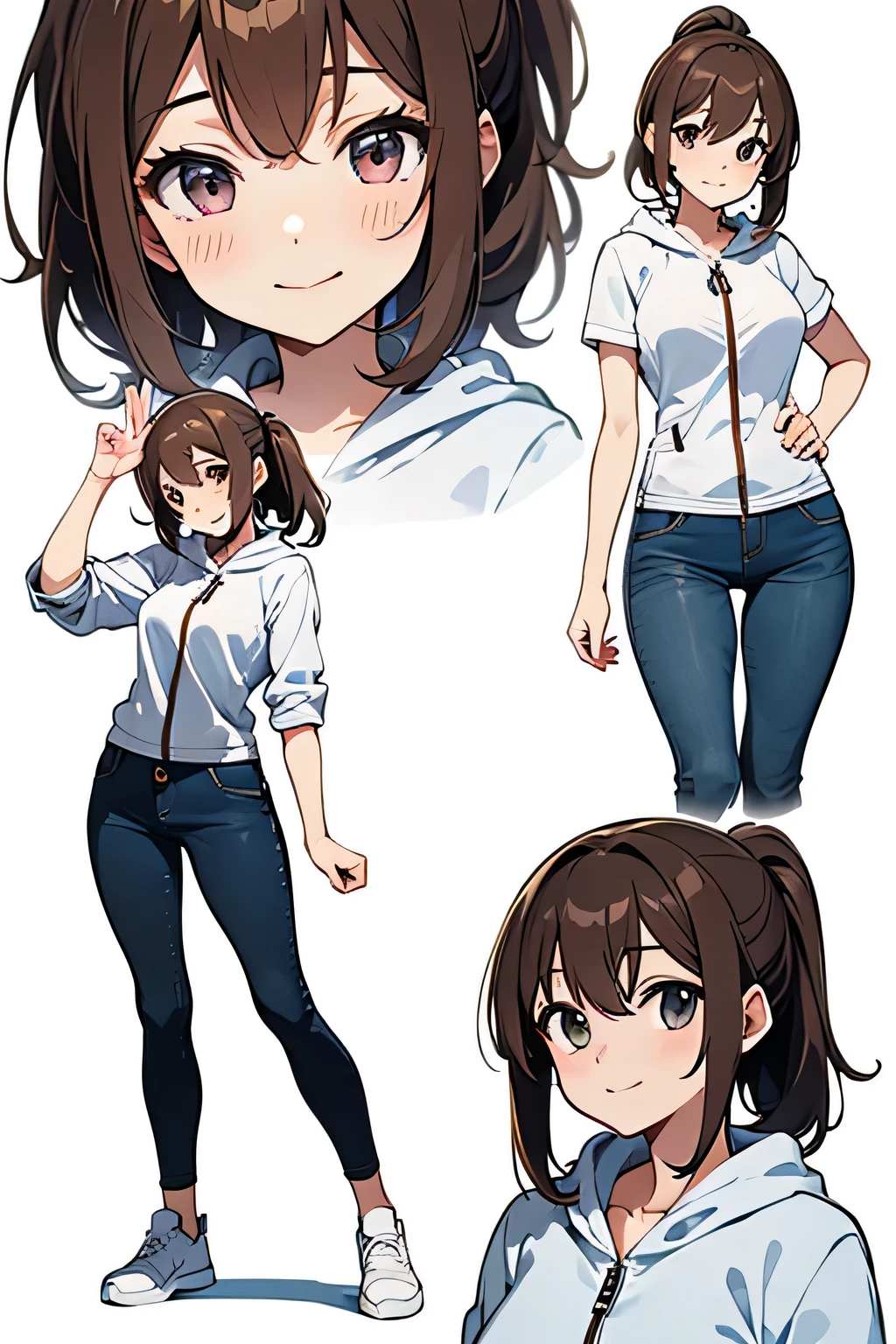 cheerful and energetic anime girl, full body, high-positioned ponytail with light caramel brown hair, shiny and vibrant, natural bright smile, casual sporty outfit: white hoodie (slightly unzipped), dark denim skinny jeans, white sneakers, standing pose, one hand waving or lightly resting on hip, slim and healthy body shape, dynamic and lively posture, hair gently swaying naturally, soft pastel anime style, vibrant and fresh color palette, clean line art, simple composition, pure white background, no patterns, no decorations, original anime style illustration, pastel watercolor finish