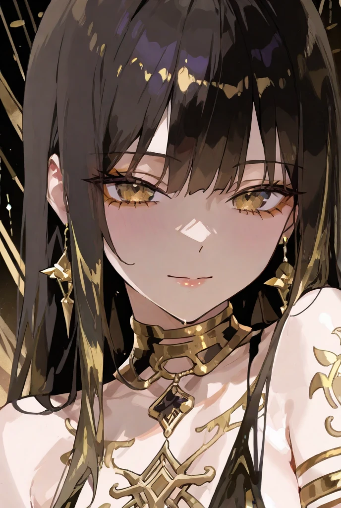 masterpiece, best quality,1girl, solo, jewelry, ring, looking at viewer, pointy ears, long hair, earrings, yellow nails, bridal gauntlets, bangs, floating hair, black hair, bracelet, dress, blurry, multiple rings, parted lips, upper body, breasts, yellow eyes, black dress, armlet, nail polish ,  <lora:fajyoboreXLlokr8f-000186:0.95>