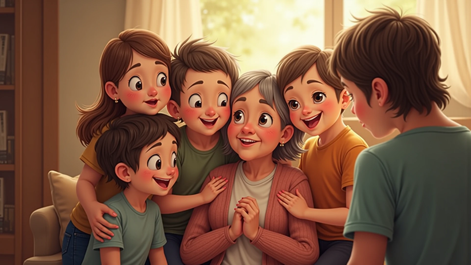 make a picture horizontally, where a boy is seen, with brown hair. with his mother, about pope, His sister, his grandmother and his grandfather. Talking with respect and good treatment
