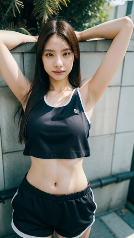 Dark brown hair、Light brown eyes、Japanese actress、 Lady、I am about 40 years old..、(Intricate details:1.2)、(Which one is on top??:1.4)、 (Ultra-high resolution:1.2)、Ultra-high resolution、(Finely tuned)、(Detailed facial features)、Hmph、8K resolution、D cup size breasts、Long Hair、Night setting、Large windows、Extravagant space、relax、、,Full body photo、Head to toe shot、Beautiful legs、Cosplay、Street fashion、Black Pink・ジェニー　Taken with the image、Black Pink　Similar to Jenny、Black Pink　Pose like Jenny、White costume、mini skirt、Beautiful legs、she, Fashion Hub, Extreme Detail, Very detailed, Realistic, Hourglass-shaped body, Obscene pose,Messy ponytail、Leaning against a wall、Place your head against the wall and lift your chin..、Please open your mouth a little、