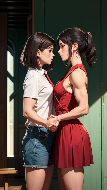 ((((a nurse and a maid embracing each other)))), Medieval second floor balcony background, ((((a bodybuilder and a femalebodybuilder)))), cute girls, expression of love, (((very muscular body, vascularity, veins))), upper-body portrait, upper-body Image, real woman, (barefeet, barefoot), abnormally developed muscles, ((color Image)) masterpiece, best quality, high resolution
