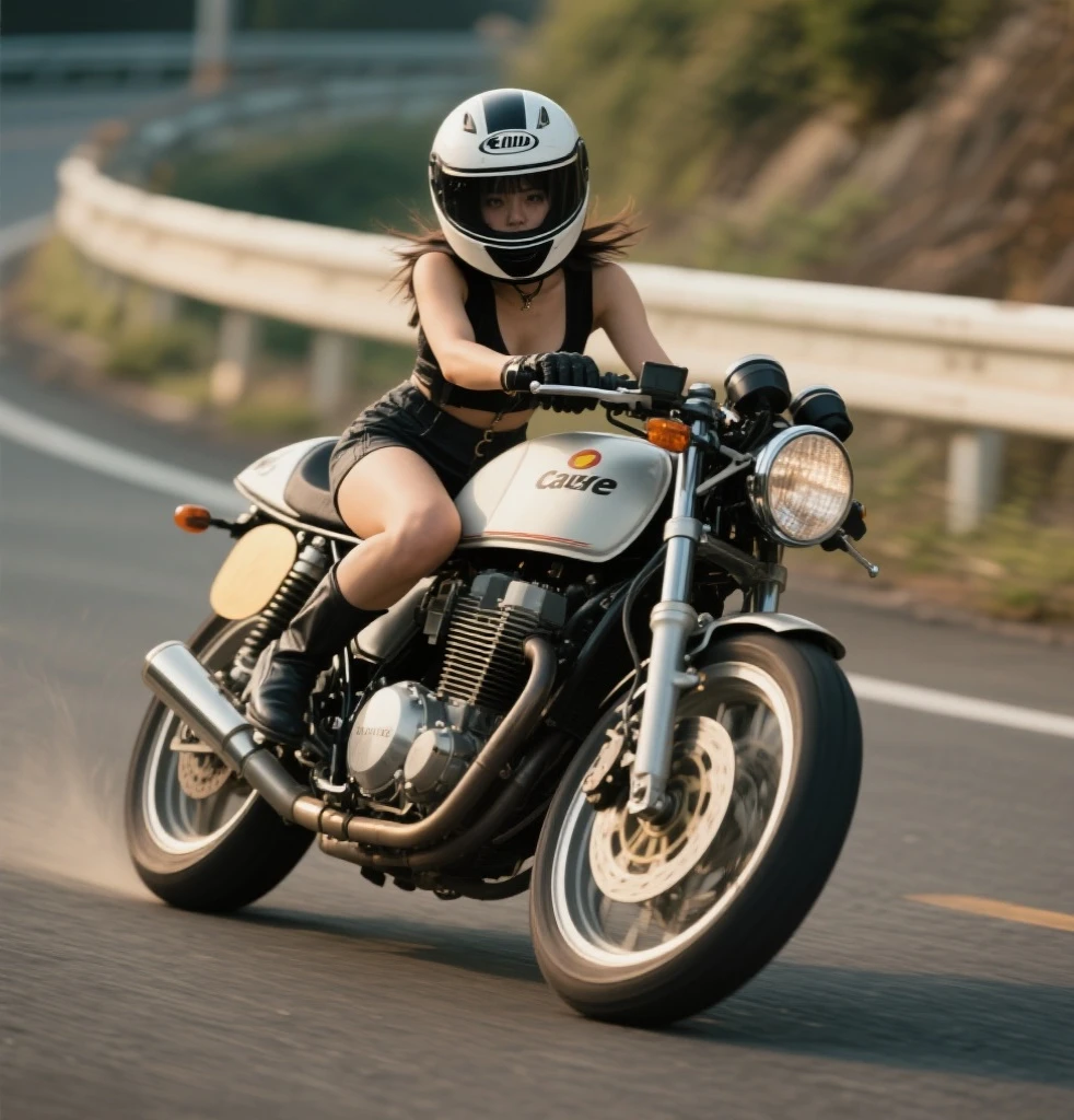 vintage motorcycle tuned to cafe racer specifications and a single kogyaru、full-face helmet、Moto GP racer cornering、sexy clothes、Retro Photography、retro film、Aging 、Photos taken with a retro camera