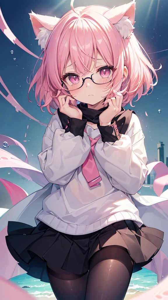 I have white pink hair, cat ears, a bun, my face is super blushing, black glasses, pink heart eyes, a big pink sweatshirt, a black skirt, black stockings, white shoes, a cat's tail, a girl. very shy that she is glued to a wall with her butt