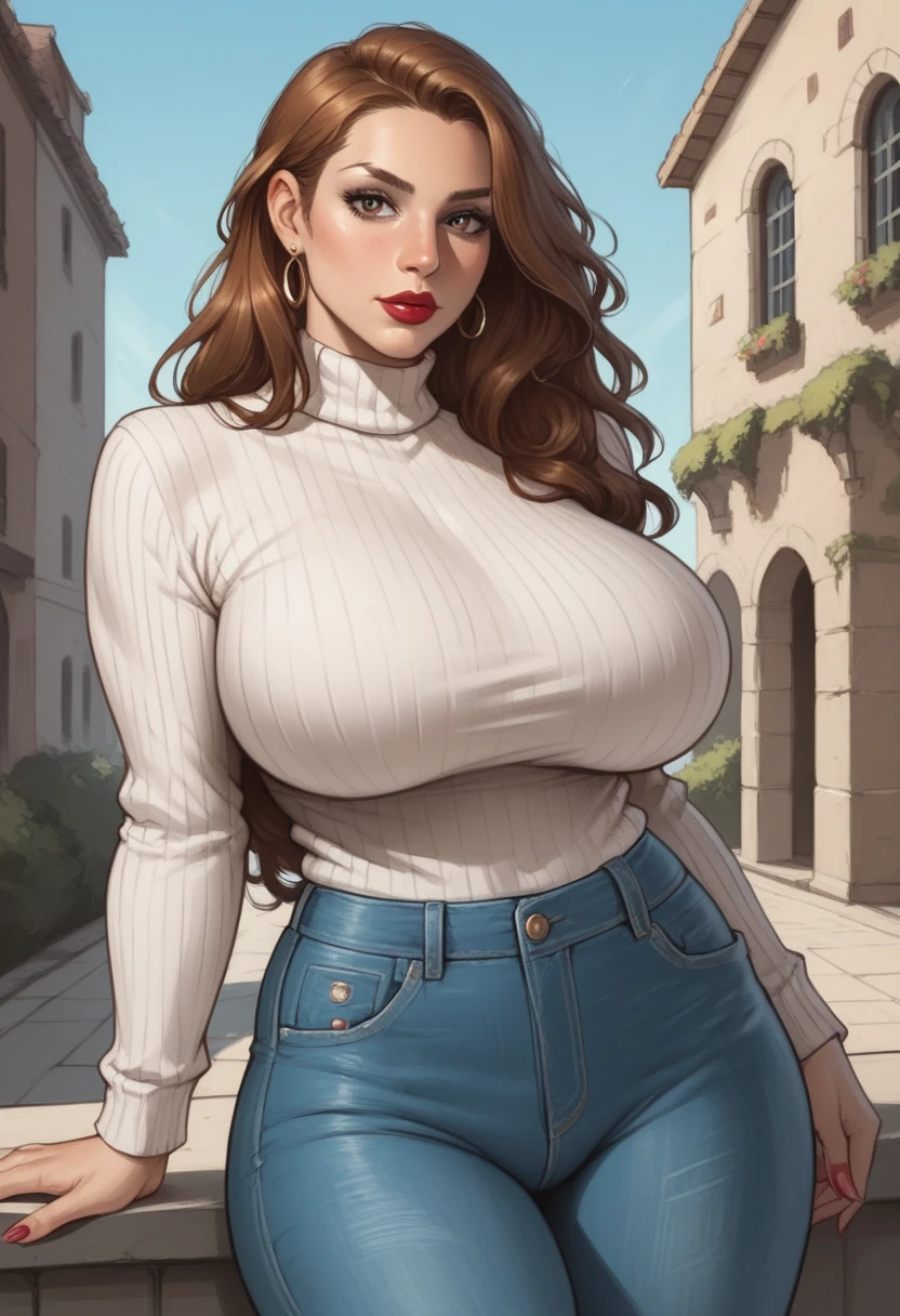 The woman, naked, naked, nude, socks, stockings, hig heels, heels, Florence in the background, Florence, evening, night, Renaissance,renaissance, Very detailed, Realistic long-term photography., 4k, wide, brown hair, by the chestnut, Red lips, sexy,red lips, brown eyes, big breasts, big breasts,pussy, NSFW,+18, Lucia Auditore