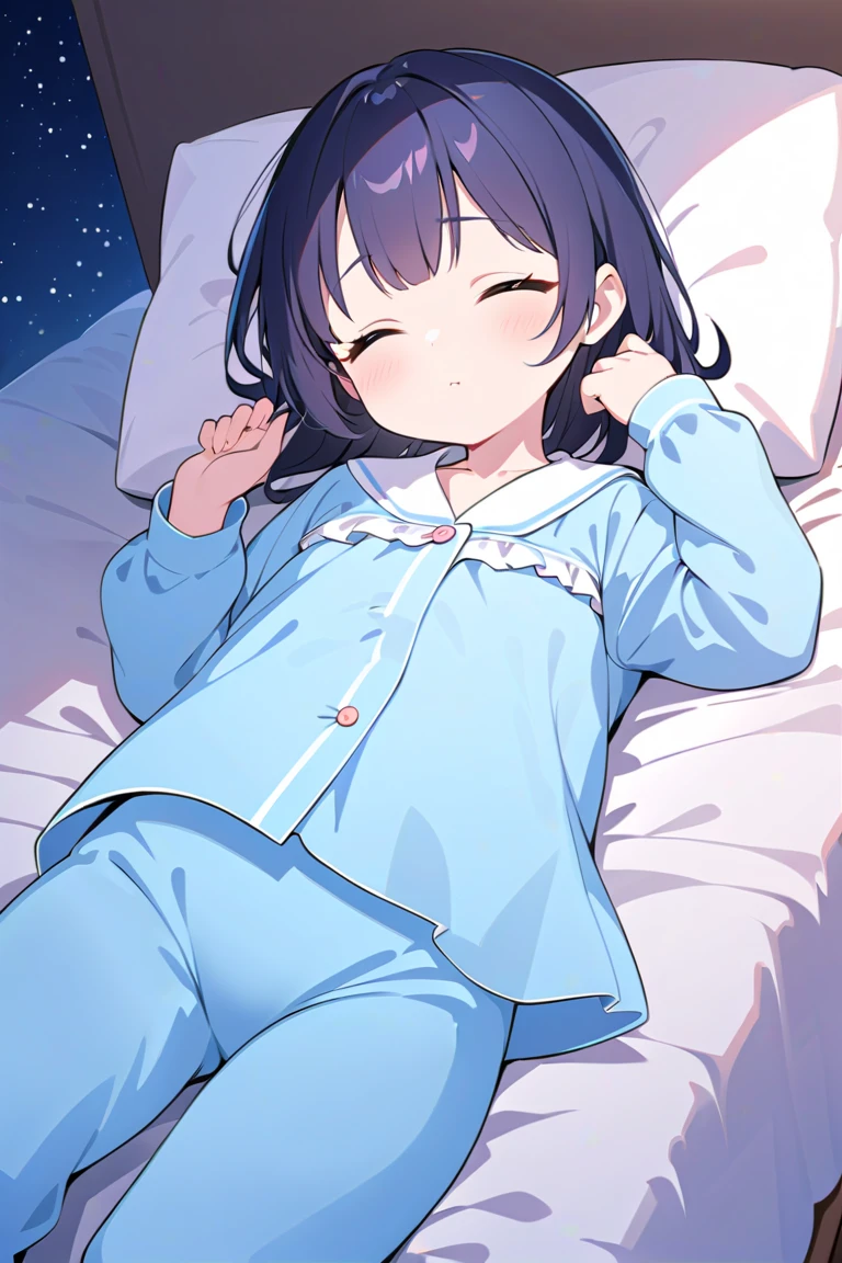 masterpiece, highest quality, High resolution, brown eyes、Close ~ eyes、sleep、Are sleeping、pajamas、nightwear、inside the futon、Under the towel blanket、掛inside the futon、on the bed、Bedroom、midnight、short hair,blue hair, white skin、thick legs、,embarrassing,