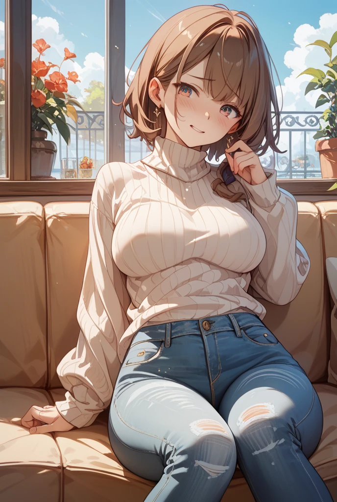 1 girl((Loli))((Girl is a child)), cute, busty, huge breasts, ((Short brown hair))((fluffy brown hair)), ((brown eyes)), ((Girl wear brown sweater, black jean)), ((living room, sitting on sofa)), looking at viewer, shy, 8k, masterpiece, ray tracing