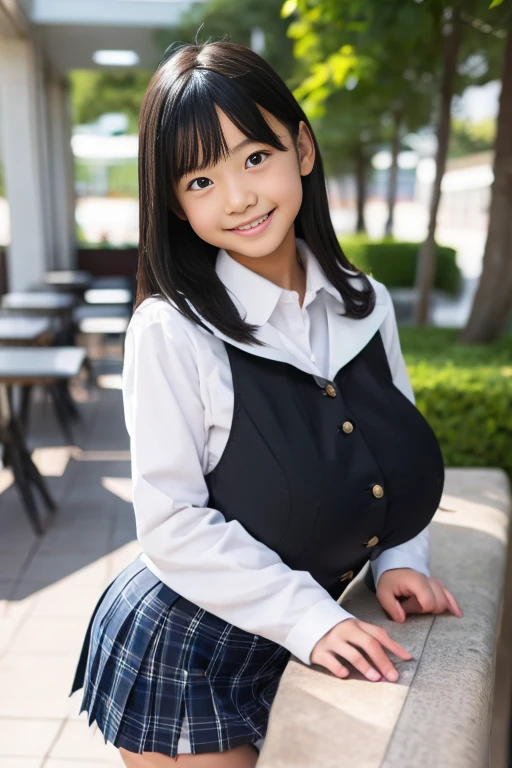 masterpiece, Highest quality, 8K, Young beautiful girl, Baby Face、Clothed 、((((((10 years(Large Breasts:1.3)), photo Cute face, Embarrassing、smile、 makeup, Ten generations, Detailed face, Long Hair、Black Hair、Narrow waist,((school uniform、White shirt、Checkered mini skirt))、Black knee-high socks,